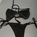 SOLY HUX Women's Two Piece Swimsuit Halter Triangle Tie Side String Bikini Set Grommet Eyelet Bathing Suit (Plain Black)