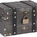 ELLDOO Wooden Treasure Chest with Lock, Vintage Pirate Chest Keepsakes Box for Kids Gifts, Handmade Treasure Storage Decorative Box for Jewelry Coins Collectibles, Medium
