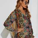 Romanstii Women V Neck Shirts Puff Sleeve Blouse Top Loose Clothes,Ethnic Print,XL (Red, XL)