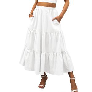 ANRABESS Women’s Summer Boho Flowy Swing Tiered A-Line Maxi Skirt 2025 Fashion Trendy Elastic Waist Pleated Long Beach Dress with Pockets White, Small