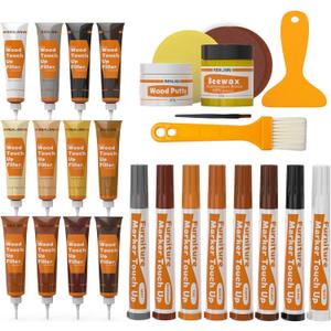 REALINN Wood Furniture Repair Kit- Set of 28 - Touch Up Markers, Fillers with Wood Putty - Repair Scratch, Cracks, Hole, Discoloration for Wooden Door, Floor, Table, Cabinet