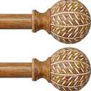 2 Pack Wood Curtain Rods for Windows 66 to 120 Inch,1'' Diameter Drapery Rods with Imitation Wood Grain Leaf Pattern Finials,Boho Adjustable Heavy Duty Curtain Rods Set,36-120'',Natural Wood