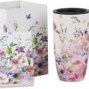 Topadorn Ceramic Coffee Mug for Home & Office, 17oz. Porcelain Latte Travel Cup with Lid and Color Box, Pink Flower Art Tea Mug with Handle, 6.5" H