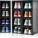 Amllas 12 Pack Shoe Boxes Stackable,Upgraded Sturdy Shoe Storage Boxes with Clear Magnetic Door,Multifunctional Sneaker Storage, Shoe Box Organizer Fit up to US Size 12 Black (13.8”x 9.84”x 7.1”)