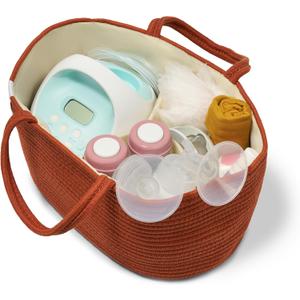 Natemia Rope Diaper Caddy Organizer Nursery Storage Basket with 3 Compartments for Breast Pump Storage, Diapers, Wipes & Toys Portable Tote and Gift Bag for Registry and Newborn Essentials