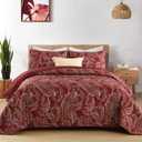 WONGS BEDDING Boho Quilt Set Queen,3 Pieces Red Paisley Pattern Bedspread Coverlet Set,Lightweight Microfiber Bohemian Bedding Set for All Season 96"90"