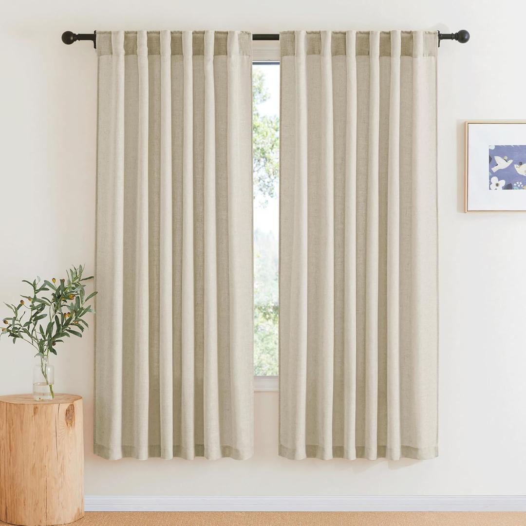 RYB HOME Linen Textured Semi Sheer Curtains Light Filtering Airy Solid Sheer Window Curtains for Bedroom Bathroom Dining Kids Nursery, Linen, W 52 x L 72 inch, 2 Panels (Beige)