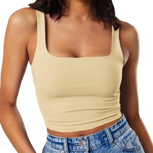 Artfish Women's Sleeveless Strappy Seamless Crop Tank Tops Square Neck Workout Fitness Basic Cropped Camis Beige Tan Khaki M