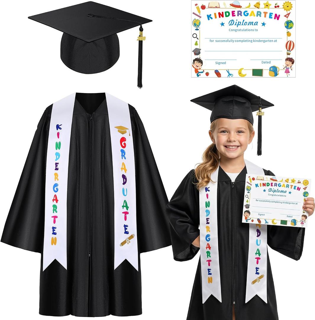 Kids Kindergarten Preschool Graduation Gown Cap Set with 2026 Tassel Graduation Stole Certificate for Grad Gift (30)