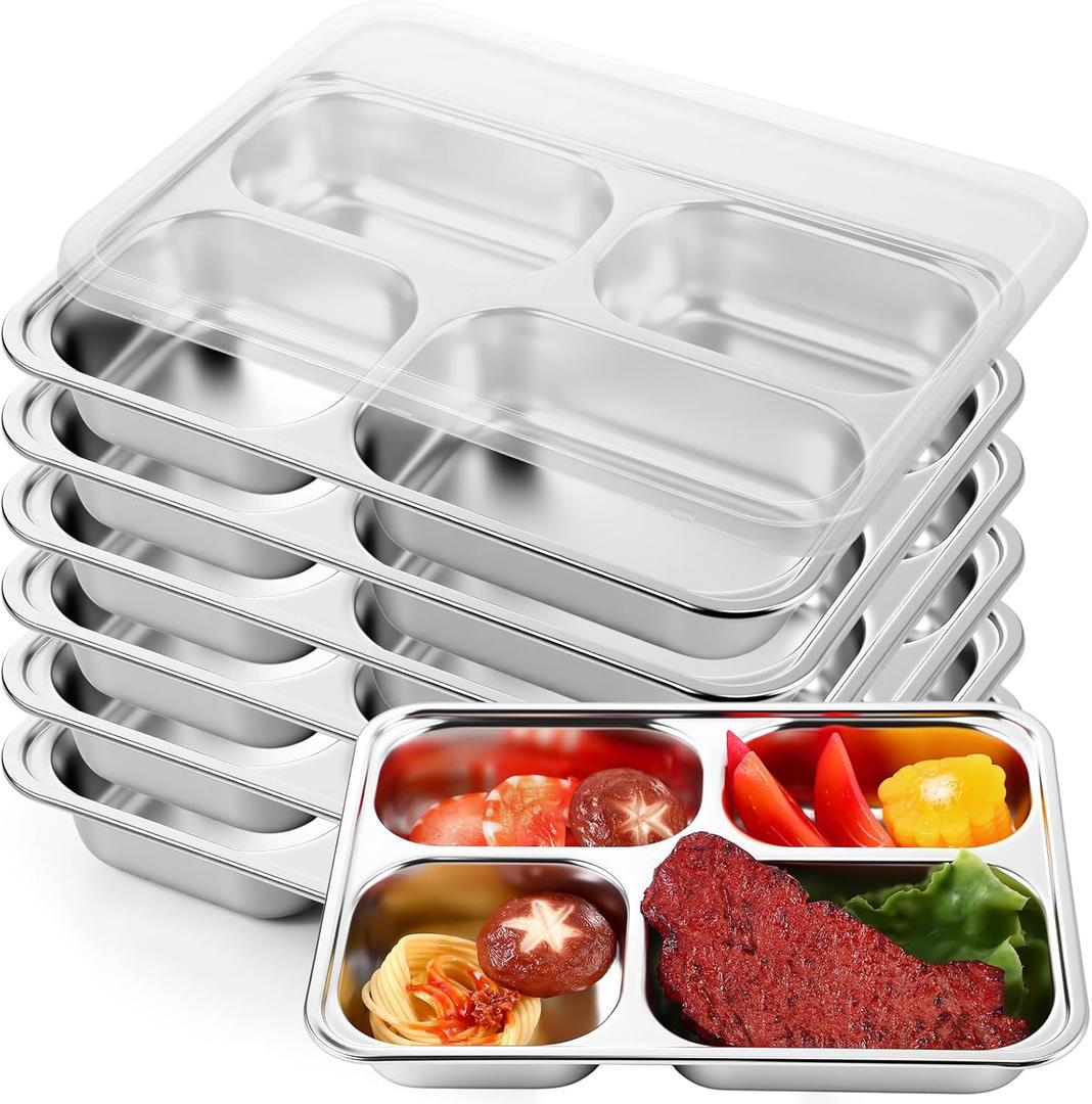 Honeydak 6 Pack Stainless Steel Snack Containers with Lids Compartments Stainless Steel Lunch Box Reusable Meal Prep Lunch Containers for Home Travel Work Camp Party(Middle 4 Compartment)