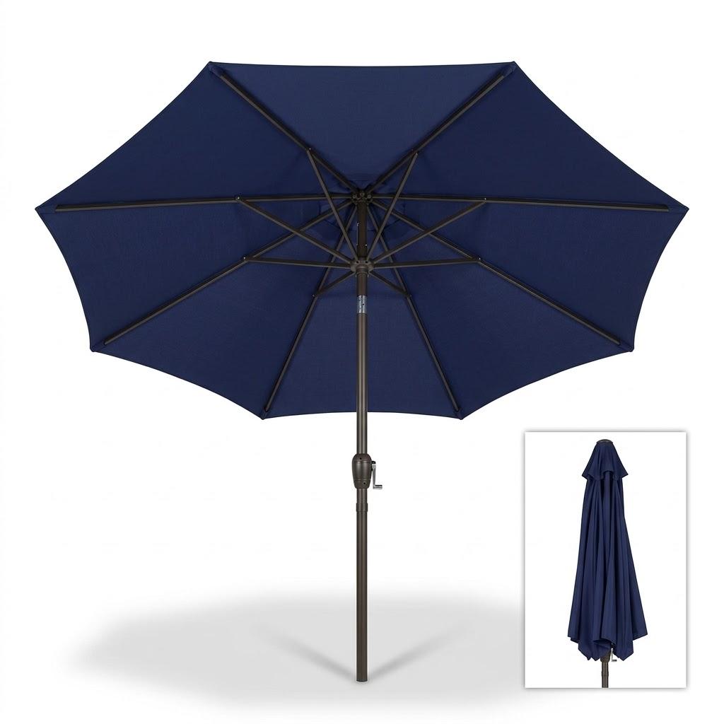 9 Ft Outdoor Patio Market Umbrella with Crank Handle & Push-Button Tilt – Heavy-Duty Bronze Steel Pole, 8 Ribs, Water-Resistant UV Protection Canopy for Backyard, Deck, Garden & Poolside (Navy Blue)