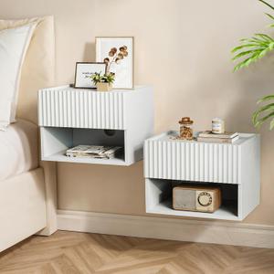 Floating Nightstand Bedroom Bedside Table - Wood Night Stand Set 2 for Small Spaces, Wall Mounted Cabinet with Storage Drawer, White Modern Night Stand for Dorm Hallway Entryway