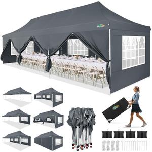 COBIZI 10x30 Pop up Canopy with Roller Bag & 8 Removable Sidewalls, Canopy Tent for Parties, Wedding, and Commercials, Waterproof and Instant Shelter UV50+ Outdoor Gazebo with 4 Sandbags(Gray)
