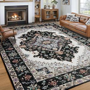 Noahas Blue 8x10 Area Rugs for Living Room, Vintage Machine Washable Rug,Low Pile Print Large Rug with Rubber Backing Non-Slip Carpet for Bedroom,Kitchen,Dining Room,Home Office,Home Decor Black