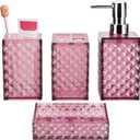 Bathroom Accessory Set, Grid Pattern 4 Pcs Plastic Bathroom Set Include Soap Dispenser, Soap Dish, Toothbrush Holder, Mousewash Cup, Modern Bahtroom Dcor Set(Burgundy)