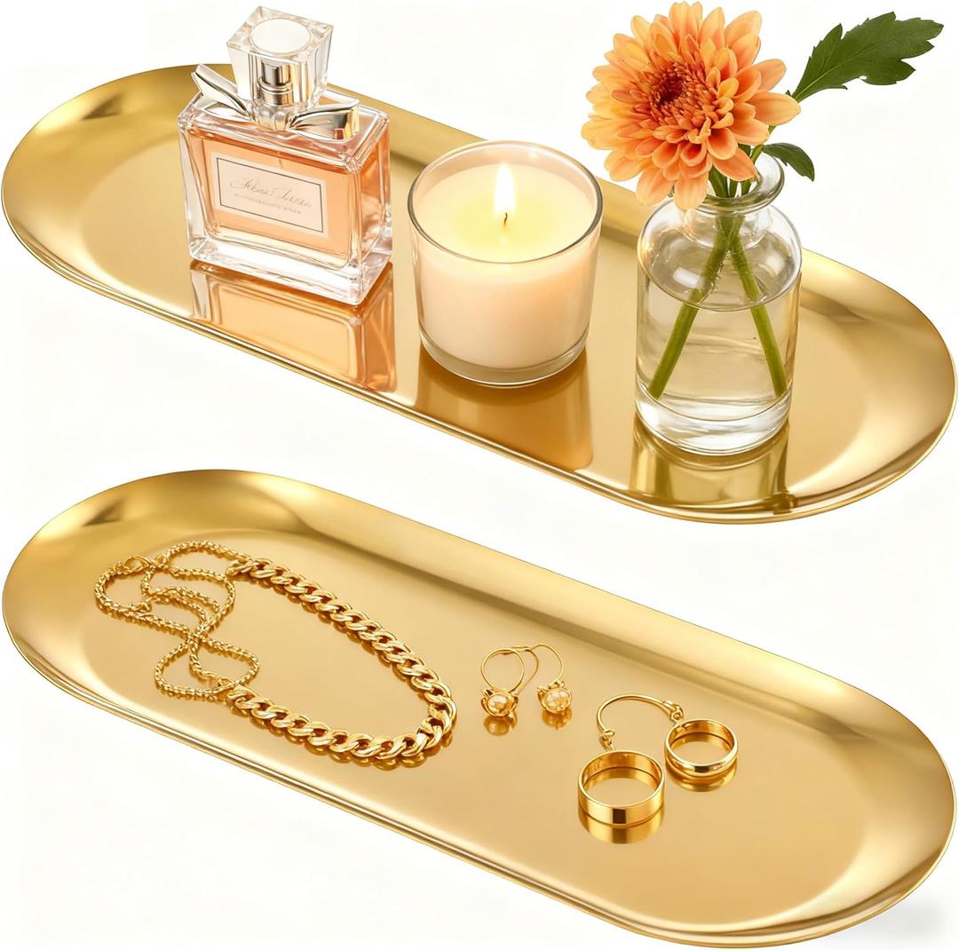 2PACK Gold Decorative Tray, Bathroom Vanity Tray for Dresser Counter, Stainless Steel Jewelry Dish Tray for Decor, Perfume Ring Key Candle Organizer Tray, Oval