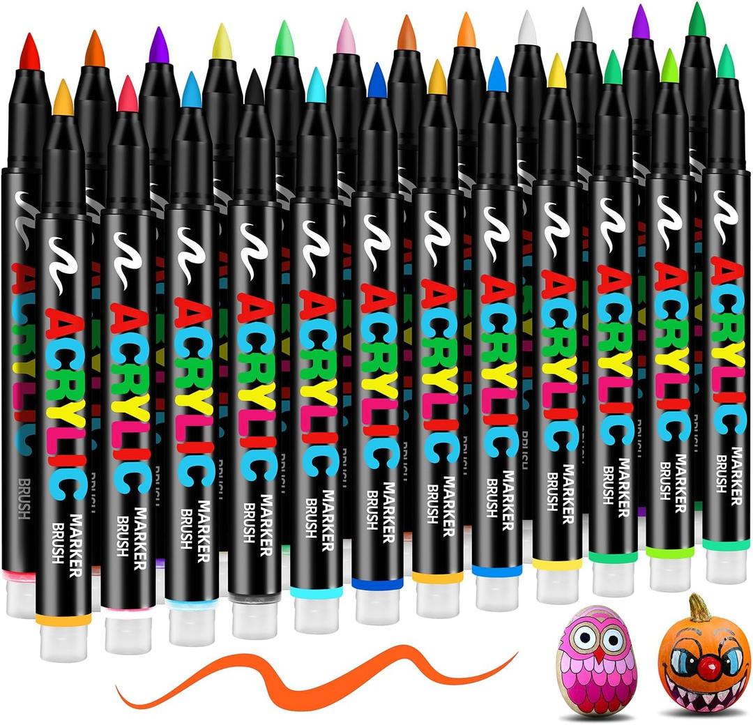 24 Acrylic Paint Markers, Waterproof Paint Pens Brush Tip with No-Bleed Automatic Ink, Fabric Markers for Rock, Metal, Glass, Wood, Canvas, Ceramic, Plastic, DIY Craft, Art Supplies
