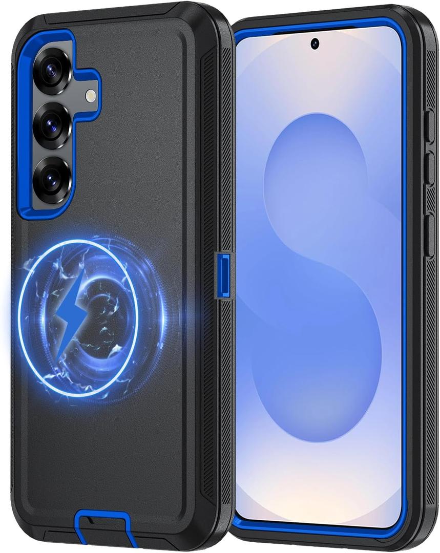 for Samsung Galaxy S25 Plus Case [Compatible with MagSafe], Heavy Duty Shockproof 3-Layer Protection Rugged Cover, Drop-Resistant and Wireless Charging (Black/Blue, Samsung Galaxy s25 Plus)