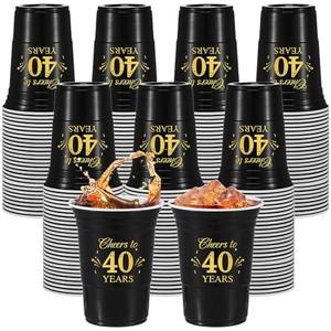 Ziliny 100 Pcs 40th Birthday Cups Bulk, Cheers to 40 Years 16 oz Disposable Plastic Cups for Men Women 40th Birthday Wedding Anniversary Party Favors Decoration Black Gold Hot Cold Drinks Supplies