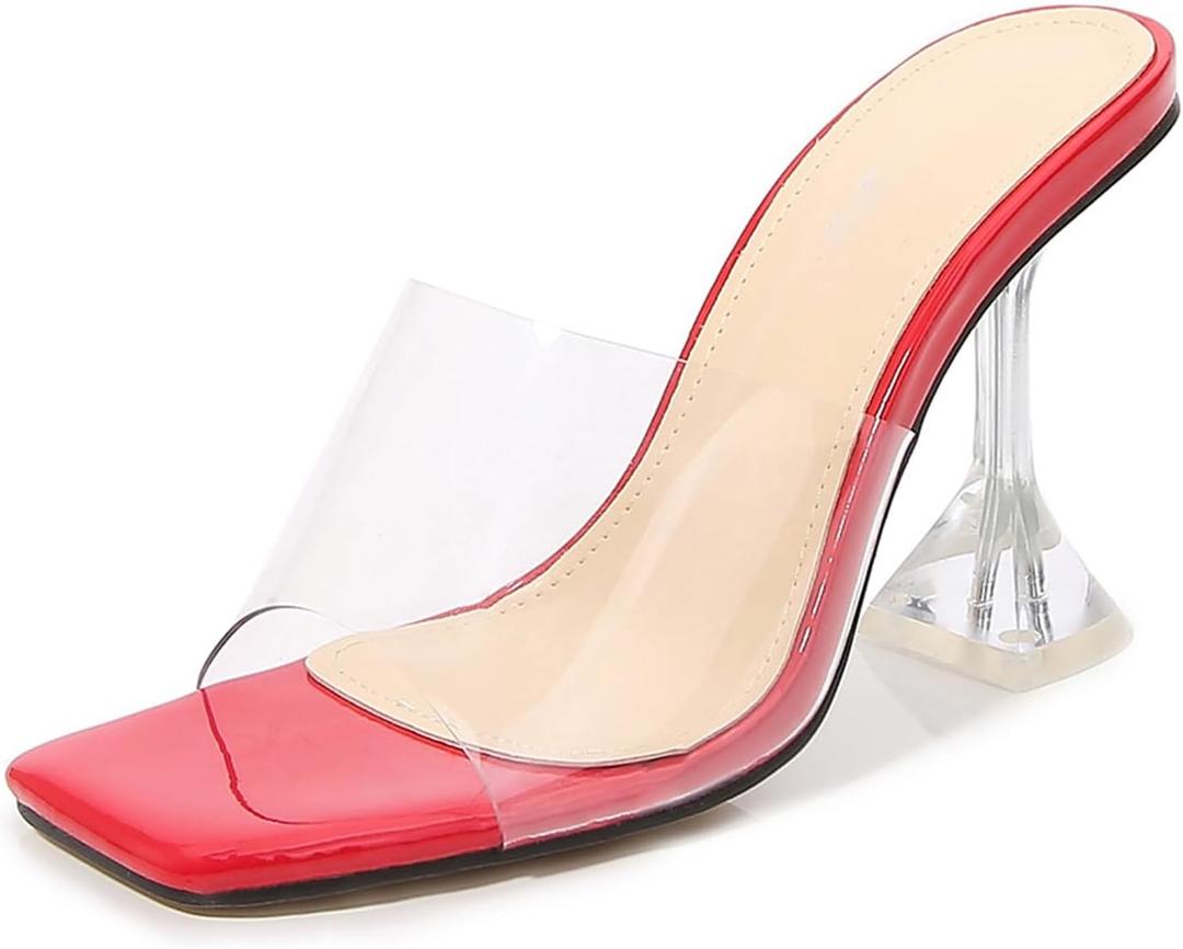 Women's Clear Square Open Toe High Heel Sandals Fashion Slip On Backless Crystal Stiletto Heel Slide Sandals Sexy Wedding Party Prom Dress Shoes 4.5-14 Size (Red)