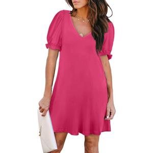 Aloodor Women's Casual Dresses Short Sleeve V-Neck Dress with Pockets (Large, 2b-pink)