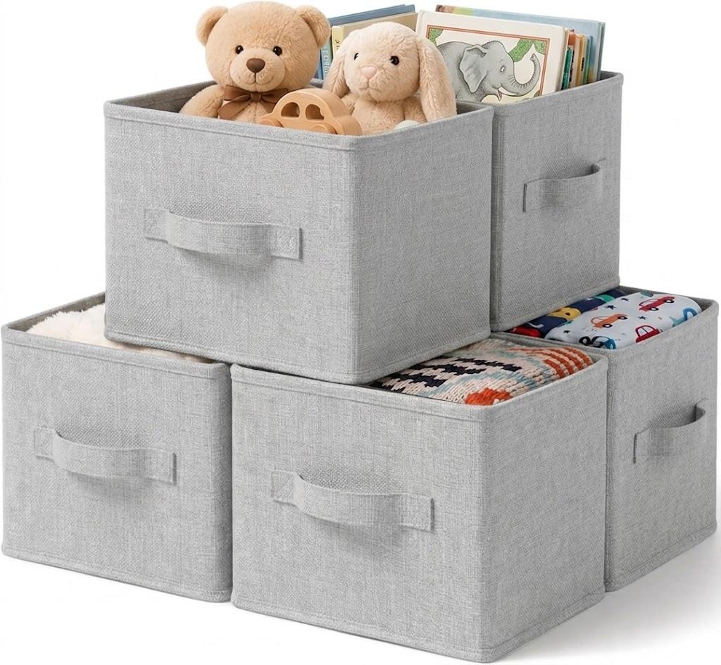 5-Pack Closet Storage Bins, Foldable Fabric Storage Baskets, Gray Thickened Rigid PP Panels, Cotton-linen Shelf Baskets, Measure 16.5"L x 11"W for Clothes, Closets and Drawers