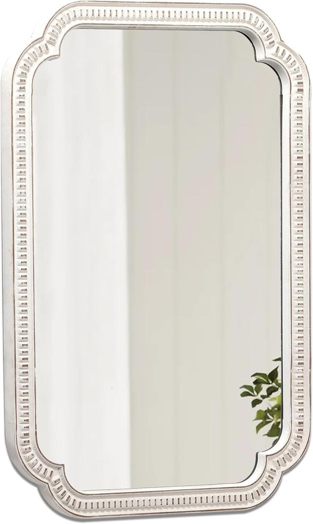 Rustic White Mirrors for Bathroom 24" X 36", Hanging Distressed Finish Carved Wood Scalloped Farmhouse Wall Mirror, Decorative Arched Corner Vintage Mirror, Boho Rectangular Mirrors