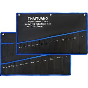 THAIYUANG 2Pieces Wrench Roll Up Pouch, Heavy Duty Canvas Tool Wrench Organizer Bag 14pockets Metric+ 13pockets SAE (Only Pouch)
