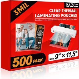 RAZCC Laminating Sheets, 500 Pack Clear Thermal Laminating Plastic Paper Laminator Sheets, 9 x 11.5-Inch, 3mil, Ideal Office or School Supplies