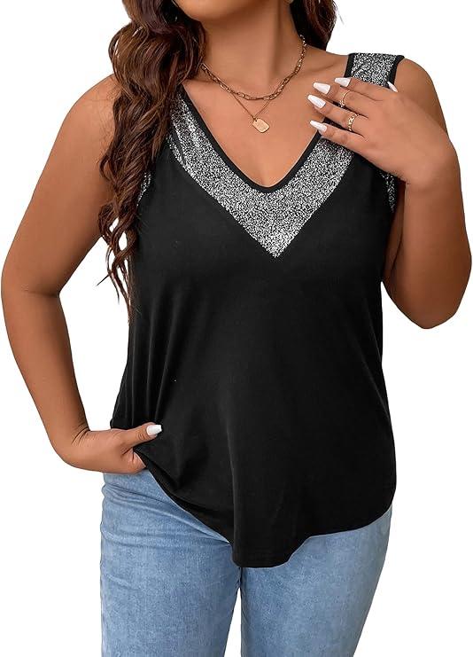 SOLY HUX Women's Plus Size Tank Tops Glitter V Neck Sleeveless Sparkly Casual Summer Tunic Tops Black Glitter 1XL