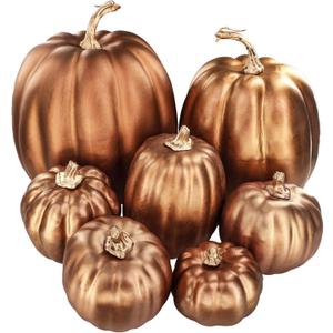 Winlyn 7 Pcs Assorted Sizes Artificial Metallic Bronze Pumpkins Rustic Decorative Fall Foam Pumpkins for Gifts Thanksgiving Halloween Harvest Fall Wedding Table Centerpiece Mantel Shelf Decor