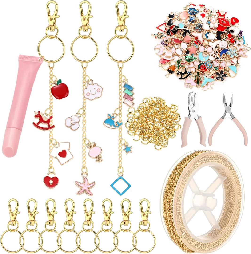 VioraWhite 213 Pcs Lip Gloss Keychain Making Kit 100 Pink Enamel Charms 32.81 ft Gold Chains for DIY Crafts Women (Stylish)