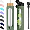 32 oz Glass Water Bottles - 1 Liter Motivational Tumbler With Time Marker - Borosilicate Glass With Silicone Sleeve and 2 Lids, Handle Spout & Bamboo Straw Lid (32 Ounces, Olive)
