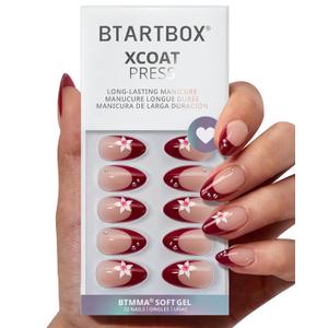 BTArtbox Press On Nails Short - Rococo Bloom, Red 3D Flower Pearl Almond French Tip Press On Nails with Glue and Adhesive Tabs for Women, Soft Gel Glue On Nails in 16 Sizes - 32 Stick On Nails Kit