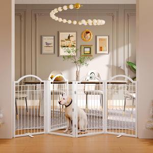 BHG Metal No-Assembly Freestanding Dog Gate with Door Walk Through, Extra Wide 80", Extra Tall 30" Pet Gate, Accordion Puppy Folding Playpen Dog Fence for Indoor & Outdoor, with 2PCS Support - White