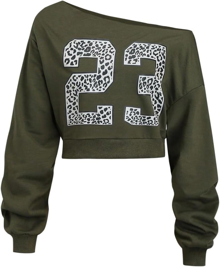 WDIRARA Women's Jersey Shirts Leopard Number Graphic Off the Shoulder Sweatshirt Crop Tops (XS)