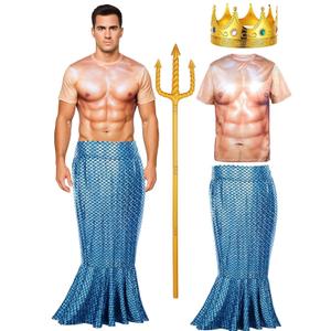 4 Pcs Halloween Poseidon Costumes Muscle T-Shirt Merman Dress Crown Trident for Sovereign Sea Cosplay (Medium)