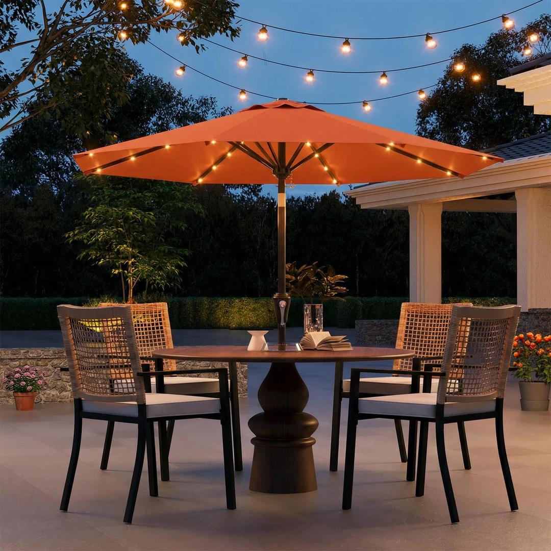 Patio Kingdom 9FT Solar Umbrella 32 LED Lighted Patio Umbrella Table Market Umbrella w/Tilt and Crank, UV-Resistant Outdoor Umbrella for Pool, Garden, Deck, Terracotta