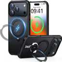 360 Spin Magnetic Stand (Pro-Version) for iPhone 17 Pro Case (Compatible with MagSafe) [Military Drop Protection] Matte Translucent Shockproof Protective Phone Case 6.3'', Black