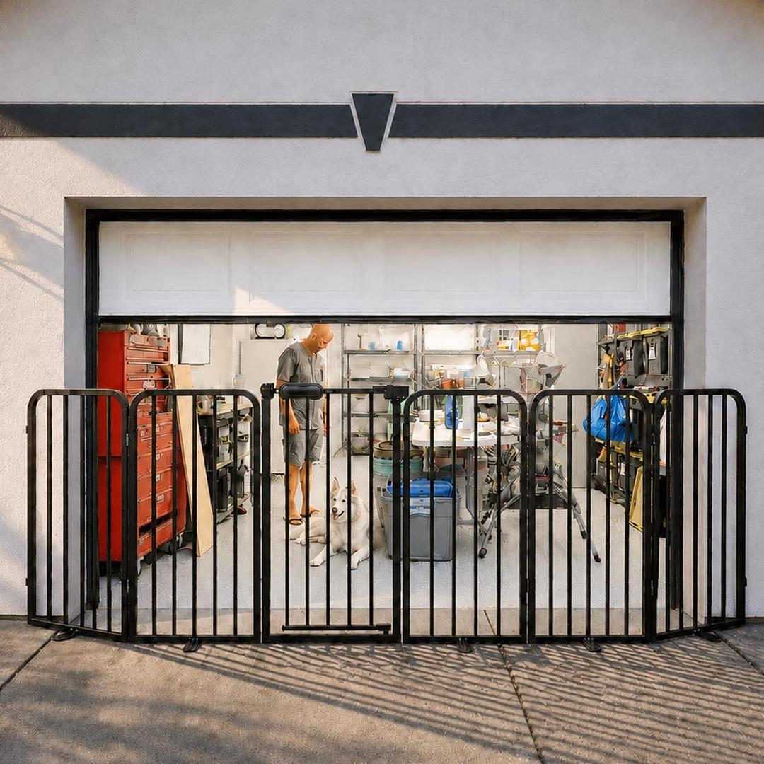Freestanding Foldable Dog Gate with Door, 30" Tall, Up to 106" Wide