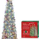 HMASYO 5 FT Pop Up Christmas Tree with Timer Lights, Colored Silver Tinsel Snowflake Christmas Tree, Collapsible Artificial Pencil Tree Xmas Decoration for Home, Office, Party, Easy Assembly