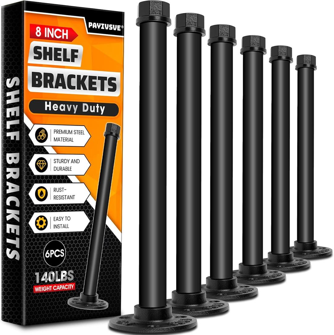 Industrial Pipe Shelf Brackets 8-Inch, Black Floating Shelf Bracket Heavy Duty Decorative Rustic Shelving Hardware, 6 Pack