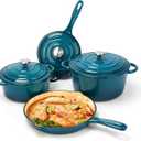 Hisencn Enameled Cast Iron Cookware Set, 7 Piece Set of Dutch Ovens, Sauce Pan, Skillet, 3 Lids, Dutch Oven Set, Ceramic Coated Cast Iron, Gas/Induction Compatible, PFA Free, Come with Organizer, Teal