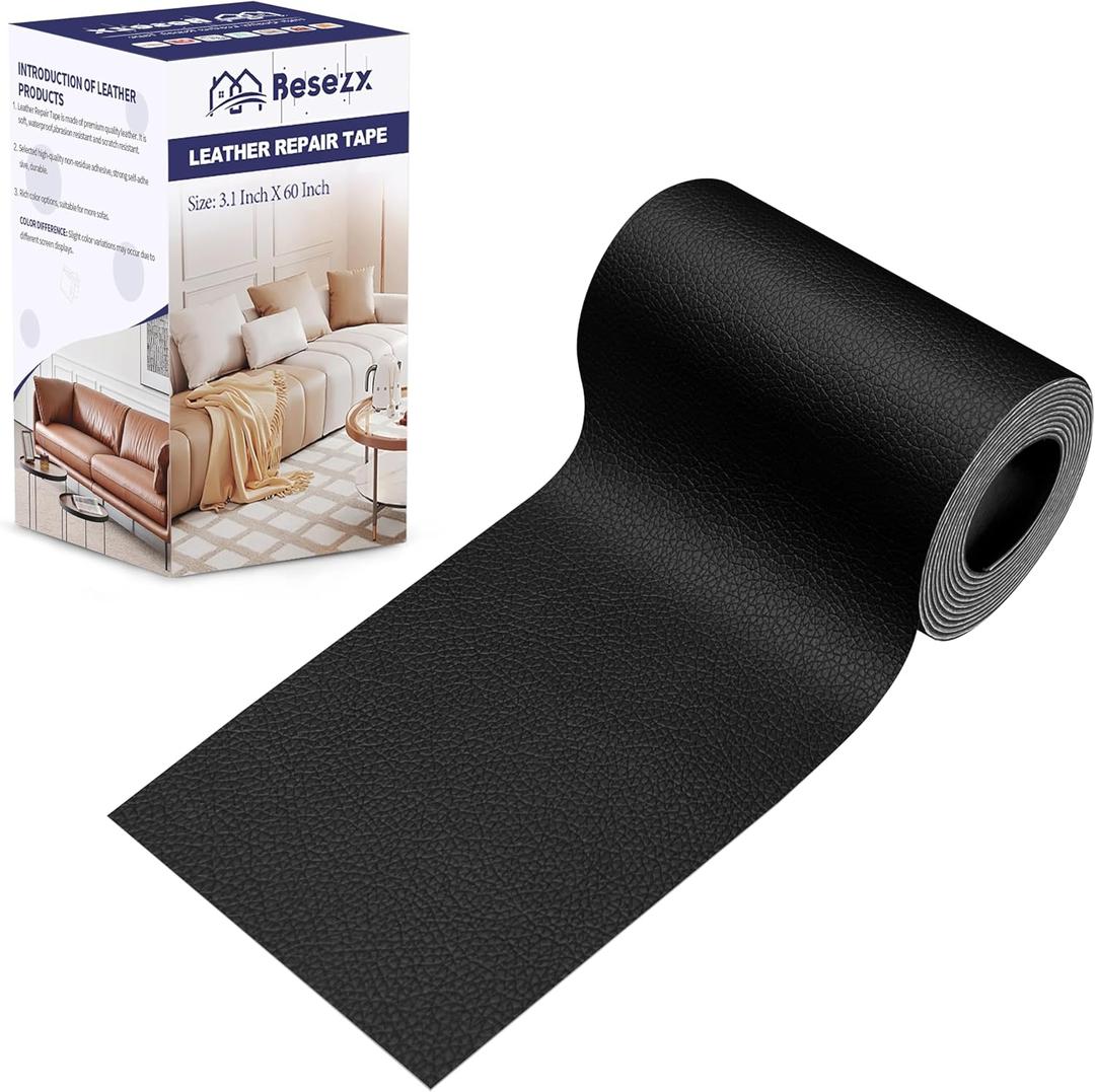 Leather Repair Patch Tape Kit, Self Adhesive Leather Repair for Furniture, Couch, Sofa, Car Seats,Office Chair,Vinyl Repair Kit.3.1inx60in (Black-Litchi Grain)
