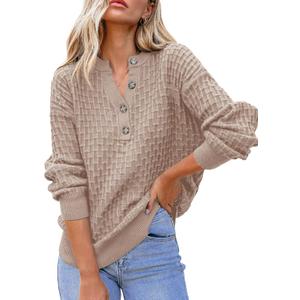 Dokotoo Womens Sweaters 2025 Casual Long Sleeve Henley Shirts V Neck Textured Button Fall Sweater Loose Fit Jumper Tops (Large, Khaki)