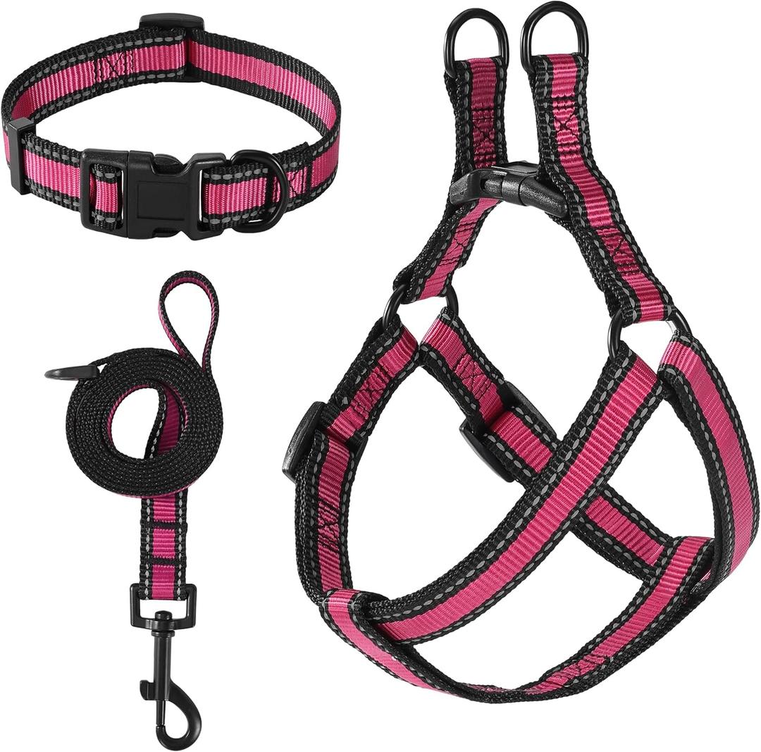 Mile High Life Night Reflective Double Adjustable Band Nylon Small Puppy Pet Dog Combo Collar Leash and Harness Set (Reflective Edge Pink, Large Pack of 3)