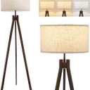ELYONA Wood Tripod Floor Lamp for Bedroom, 3 Color Temperatures & Linen Shade, Modern Reading Standing Lamp with 9W LED Bulb, Mid Century Night Light for Farmhouse, Living Room, Office, Walnut