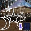 138 LED Ramadan Decorations Lights Solar Moon and Star Lights Outdoor Waterproof Powered Curtain Lights with 8 Modes Ramadan Hanging Decor for Ramadan, Home, Patio (Cold White)