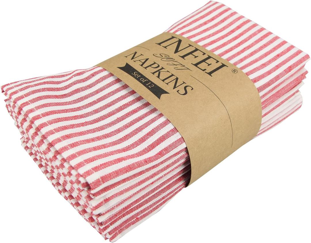 Plain Striped Cotton Linen Blended Dinner Cloth Napkins - Set of 12 (40 x 30 cm) - for Events & Home Use (Red)