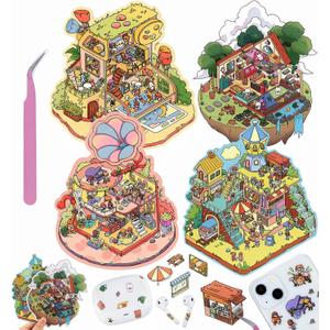 3 x DIY 3D House Stickers, 4 Sets Fun DIY Stickers Scene Make Your Own Mini House Cute Cartoon Animal Scene Stickers for Kids Adult Sticker Art Relief Stress Pass The Time